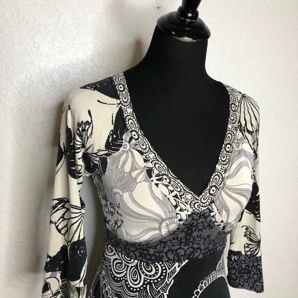 Hale Bob black cream gray mixed floral butterfly print silk dress size Small - Picture 2 of 12